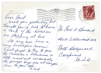Moe Howard Autograph Postcards Signed ''Dad'' & ''Momee'' to His Son & Grandson Respectively -- Both From Europe Sent in the 1950s to His Son and 1960s to Grandson -- Very Good Condition